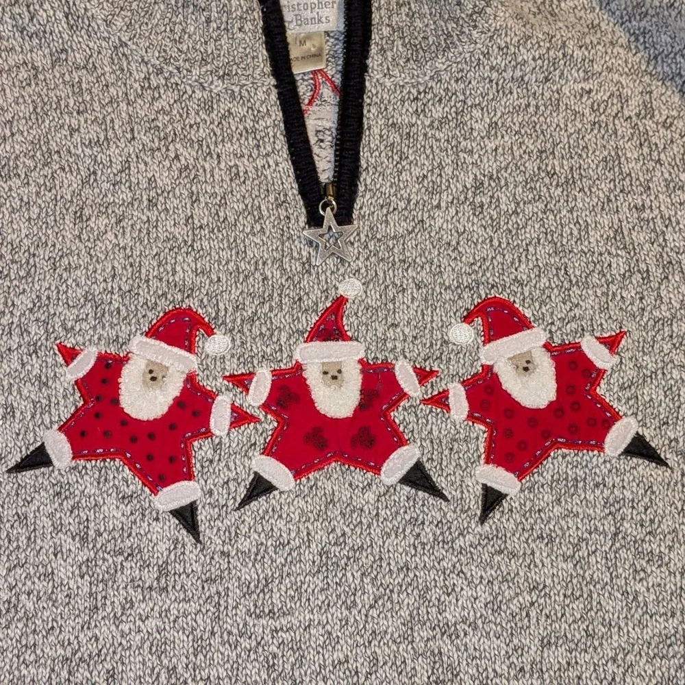 Christopher & Banks Christmas‎ Sweater Womens Medium Grey Santa Star Quarter Zip